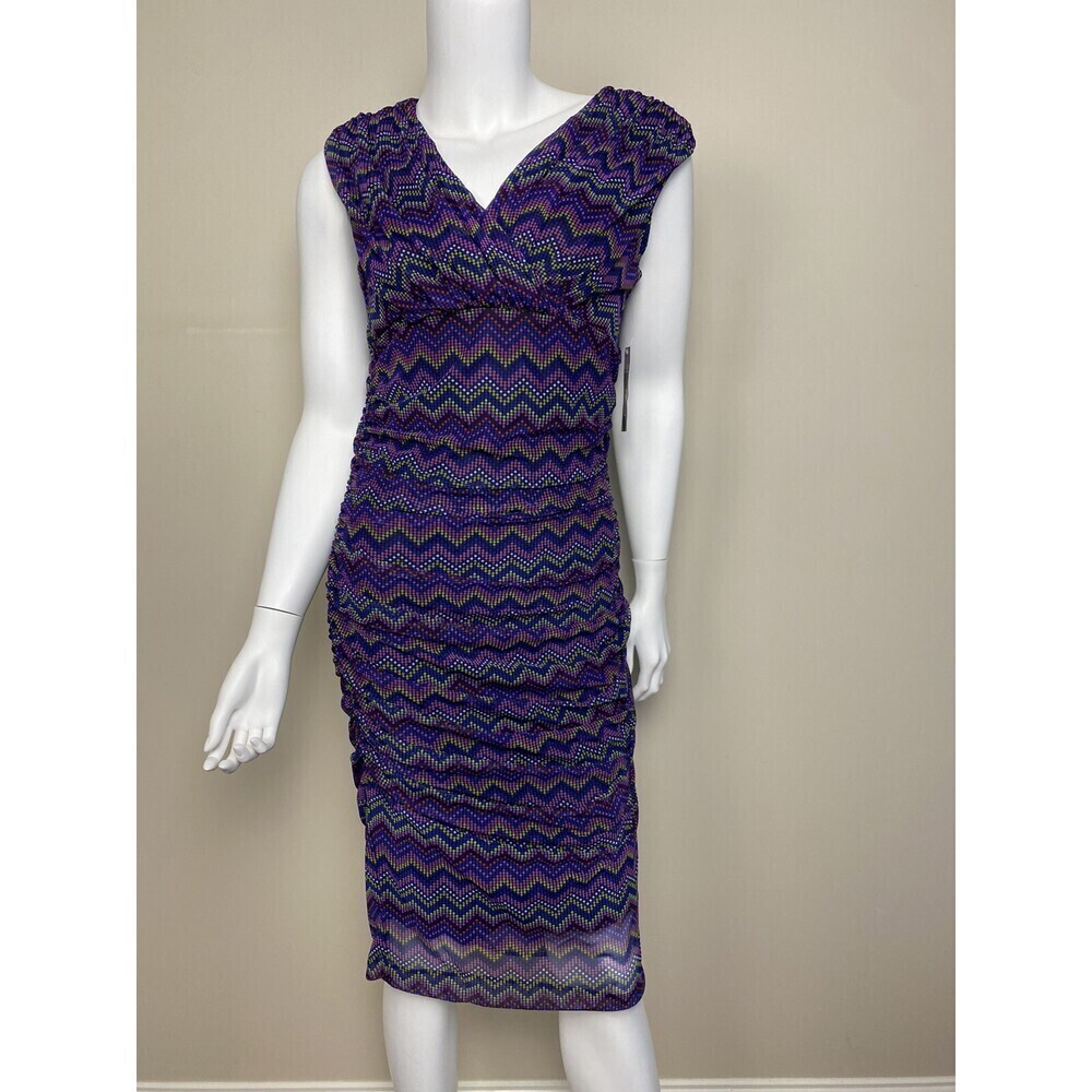 London Times Sleeveless Side Ruched Bodycon Dress In Blk/Blue/Purpl Size 10 $150